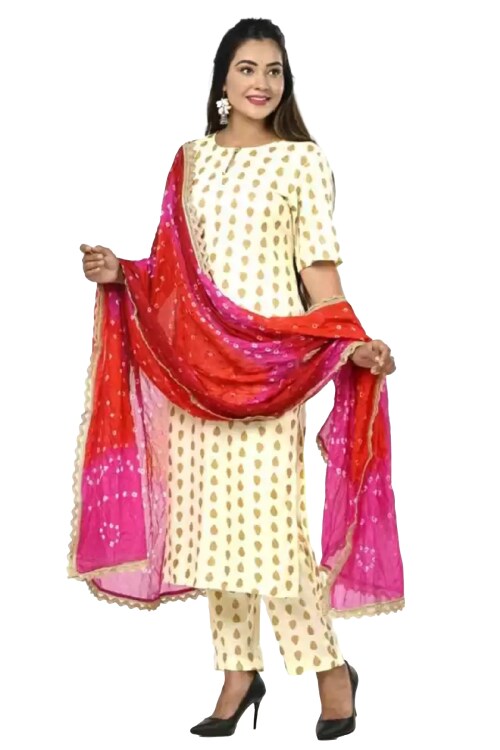 Clickedia Womens Fully Stitched Rayon Printed Straight Kurti with Lace , and Bandhej Dupatta with Palazzo Jaipuri Salwar Suit