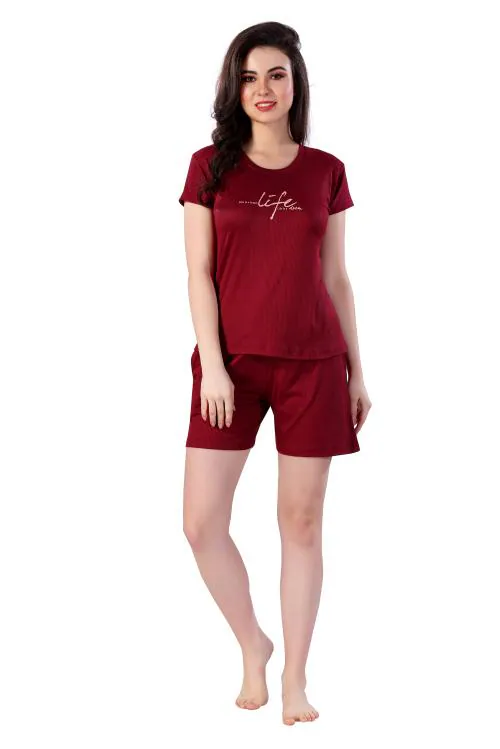 NIGHT VIEW Night Suit Set for Women, rib cord fabric ,regular top/Shorts, Night Dress, Lounge Wear, Women Nightwear,