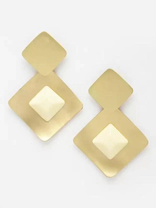 SIRIMIRI Handmade Gold Plated White Stone Square Shape Lightweight Dangler Brass Drops & Danglers