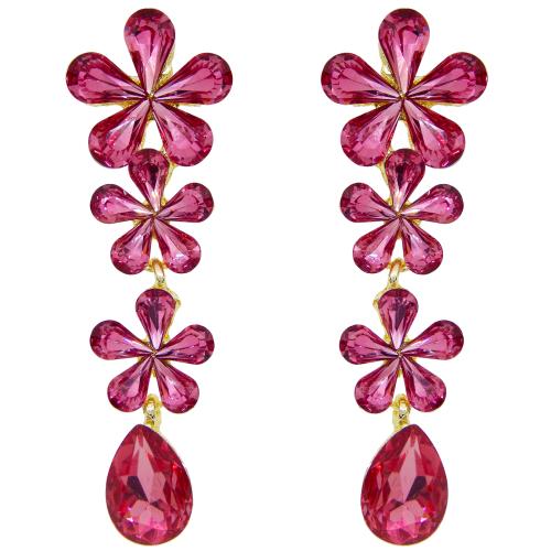 Fresh Vibes Flower Shape Long Hanging Fancy Western Crystal Earrings for Girls - Stylish Gold-Plated Party Use Shimmering Color Stones Earings for Women (Pink)
