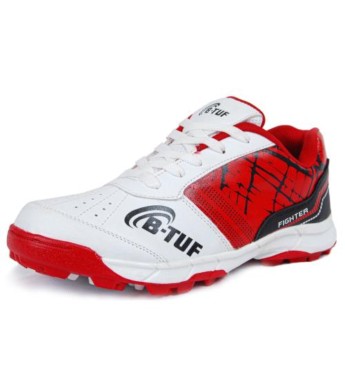 B-TUF Fighter Cricket Shoes Stud Spikes Sports Shoes for Men Women Boys Girls (White/Red) Size India/UK 10