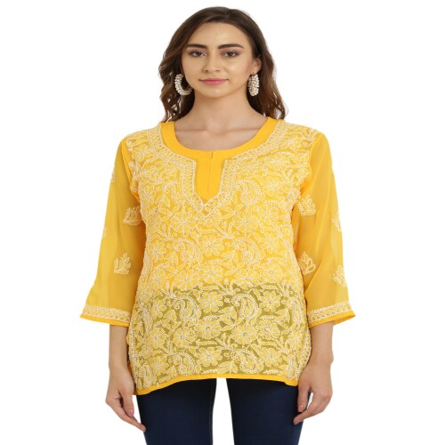 FAWOMENT WOMEN'S DENCE SEMI SHEER CHIKANKARI EMBROIDERY SHORT KURTI COLOR- YELLOW/ SIZE- EXTRA LARGE