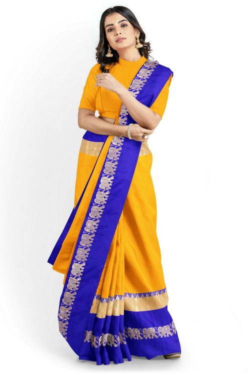 SWIFFIN Exclusive Collection Cotton Silk Banarasi Yellow-Royal Blue Saree For Women/Women Saree With Unstitched Blouse- HATHI-YELLOW-ROYAL BLUE
