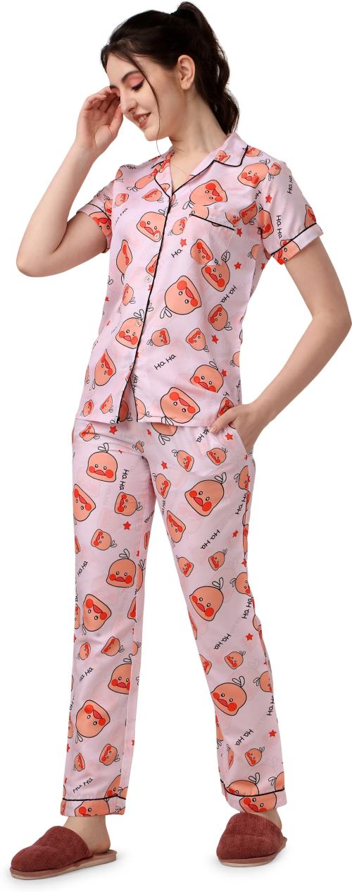 Sirhana Women Pink Printed Rayon Cotton Shirt and Pyjama Set - XXL