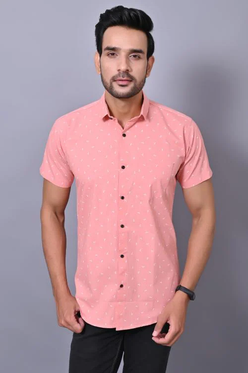 Protozone Men's Cotton Slim Fit Half Sleeves Floral Print Pink Shirt