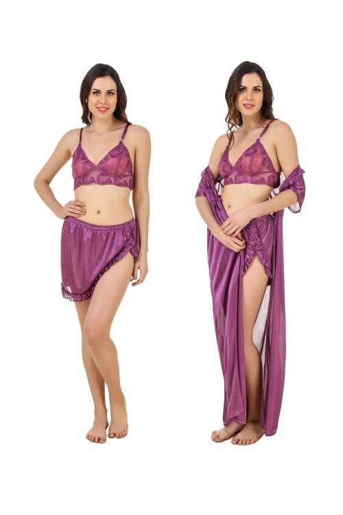 Keoti Women Satin Nighty/Robe/Honeymoon wear set - Pack of 3 (1 Robe, 1 Top & 1 Short)