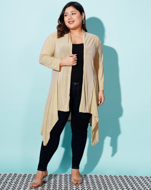BuyNewTrend Curvy Beige Hosiery Lycra Plain Women Plus Size Long Shrug