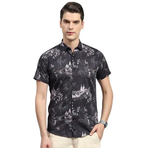 MONTE CARLO Men Black Printed Cotton Casual Shirts