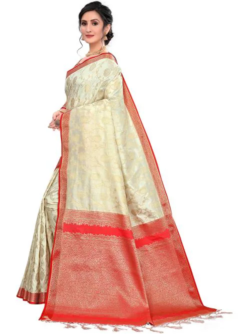 Leeza Store White Red Silk Blend Jacquard/ Durga Puja/ Silk Saree/ Party Wear Saree/ Bangali Saree/ Sarees Latest/ Saree For Women
