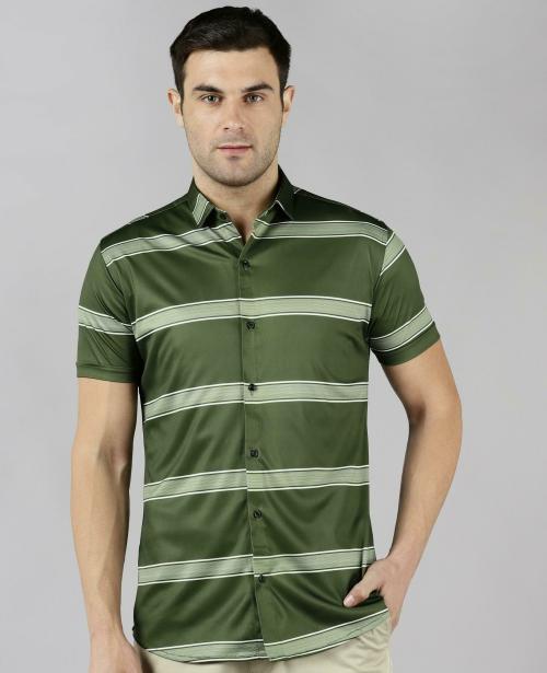 COMBRAIDED...The Heart of Fashion Men Green Striped Lycra Blend Shirt (XL)