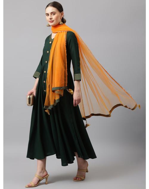 Gosriki Women's Green Anarkali Kurta With Dupatta