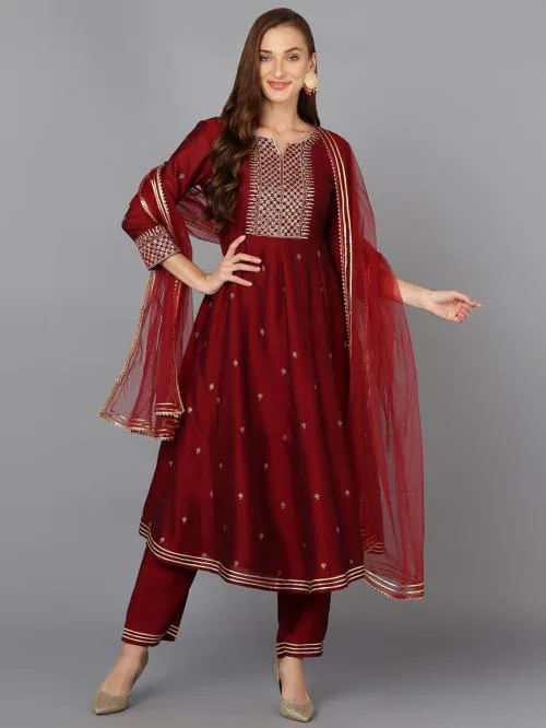 Vaamsi Women's Silk Blend Maroon Anarkali Festive wear Suit Set PKSKD1893