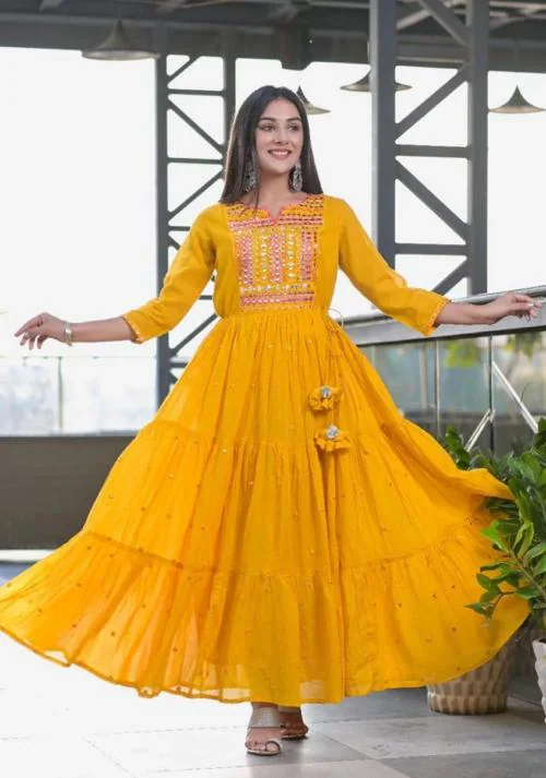 M Mart Long Flared Round Neck Kurti 3/4 Sleeve Flared Kurti