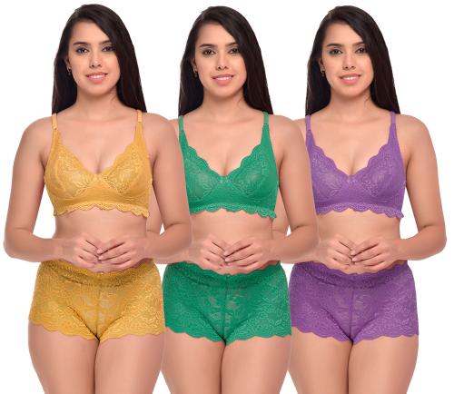 PIBU Trendy Style Yellow,Green,Purple Bra Panty Set For Women Lingerie Set Pack of 3