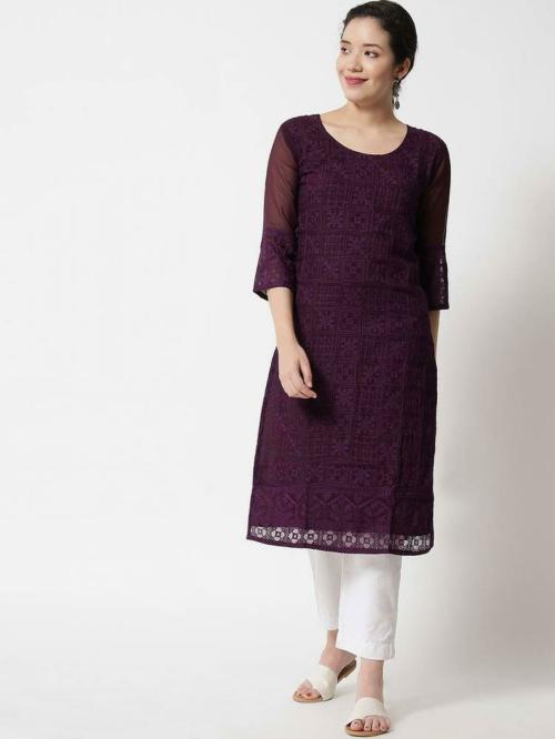 Vairagee Women Purple Chikan Embroidery Georgette A-line Kurta - L