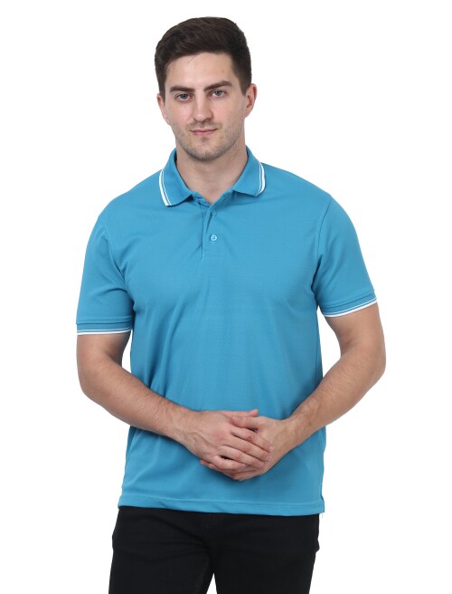 Forest Club Dull Drifit Matty Turquoise Blue Solid Polo T-shirt with White Tipping, Size - M(38)