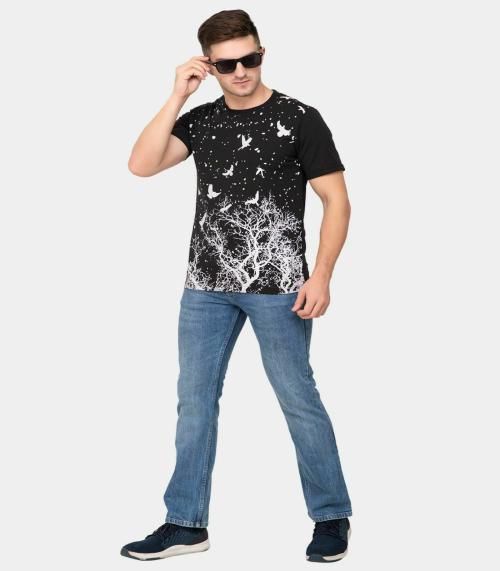 EKOM Men Black Printed Cotton Blend Round Neck T-shirt