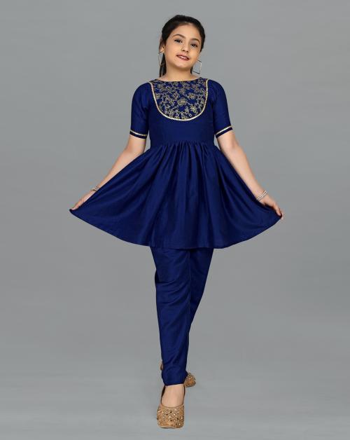 Fashion Dream Girls Navy Blue Foil Printed Chinnon Peplum Top And Pant Set | Girls Ethinc Set | Kids Wear | Ethnic Wear