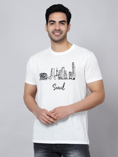 ENGLO Tshirt | ENGLO Men Seoul White Round Neck T-shirt T-Shirt | T-Shirt for Men | Mens T-Shirt | Printed Men Tshirt