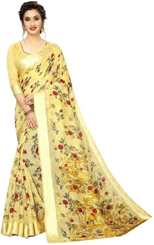 Rooptara Women Yellow Printed Cotton Jute Saree