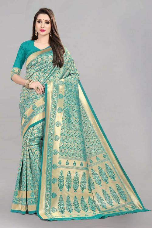 Fabcartz Women Rama Green Woven Silk Blend Saree