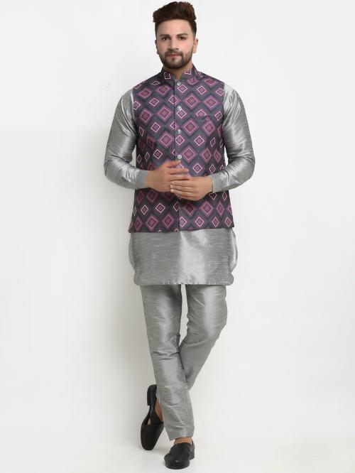 Benstoke Men's Silk Blend Grey Kurta With Pyjama & Purple Printed Nehru Jacket