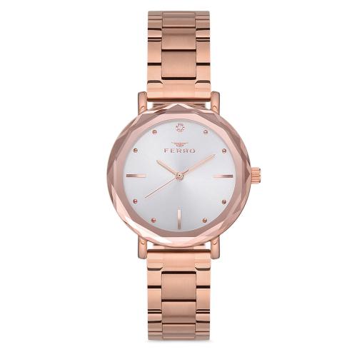 Ferro F21079A-C Analog Crystal Silver Round Dial Watch For Women