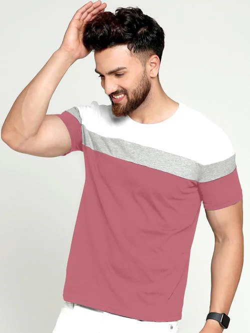 GESPO Peach ,White & Grey Striped Round Neck Casual T-Shirt