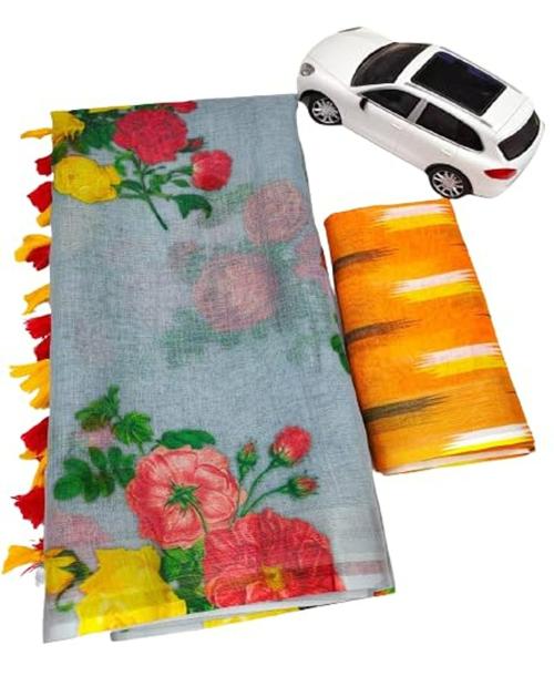 Planborn Women's Linen Floral Printed Saree With Blouse Piece