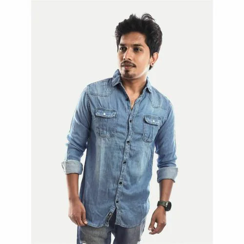 Rad Prix Men Light Blue Heavy Washed Denim Shirt