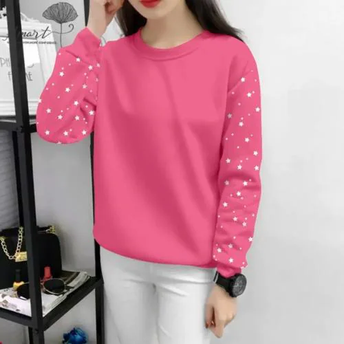 Sarte Fashion Round Neck Full Sleeve Star Printed T shirt for Women - Rani Pink