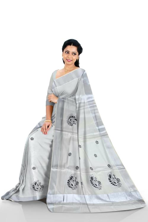 BRINDAVAN CREATIONS KERALA COTTON,SILVER TISSUE TRADITIONAL KASAVU PEACOCK EMBRIODERY SAREE