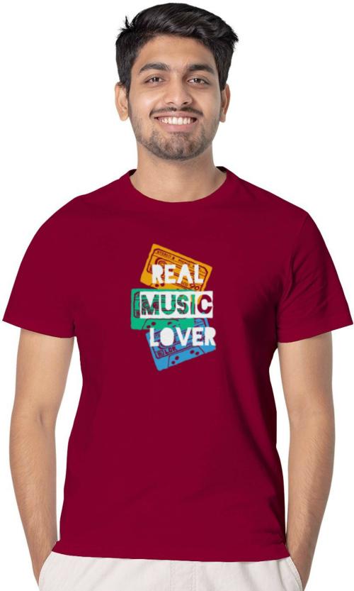 Dippy Drapes Men Maroon Cotton Blend Abstract Half Sleeve Realmusiclover Real Music Lover Round Neck T-Shirt