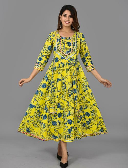 H & N Women Yellow Printed Pure Cotton Kurta (L)