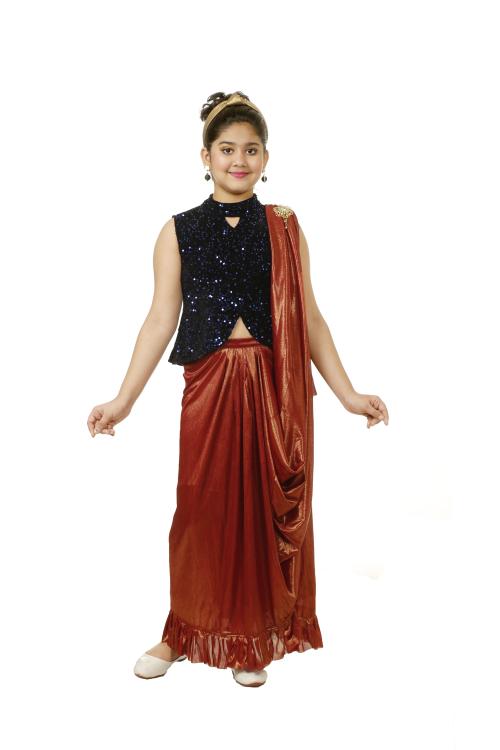 YAYAVAR Girls Metallic Red Silk Blend Pack of 1 Ethnic Half Saree Set