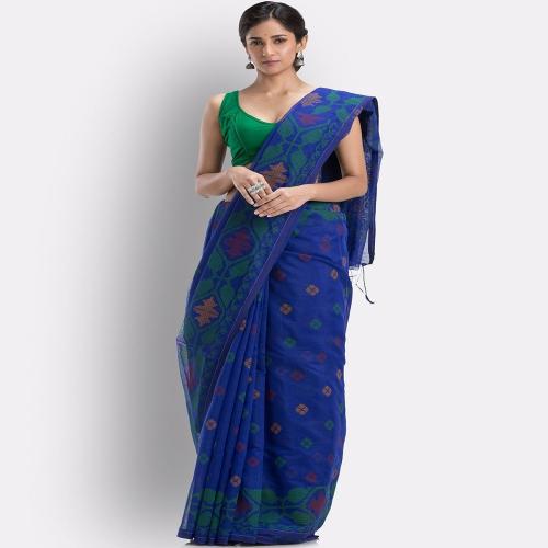 Angoshobha Free Size Women Blue Printed Cotton Blend Handloom Saree