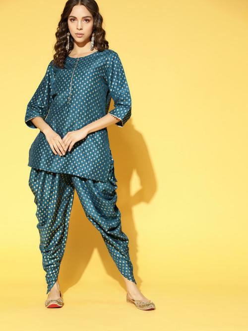 Ziyaa Women Teal Foil Print Kurta Dhoti Set