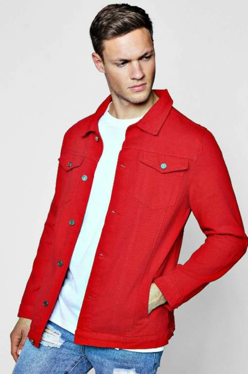 Skenjel Men Red Solid Denim Jacket