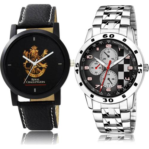 GROOT Best Gift Royal Challengers Bangalore Squad (Rcb) Ipl And Silver Chain Black And Silver Colour Analog Genuine Leather And Stainless Steel Belt 2 Watch Combo For Boys And Men - IPL6-(15-S-19)