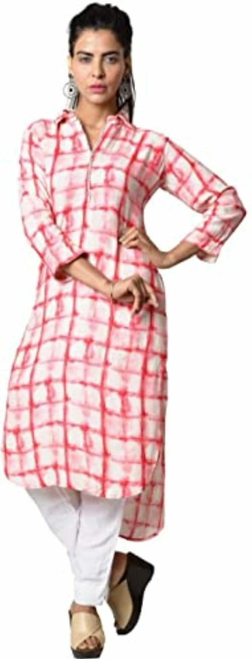 Mighty Threads Womens Pink Asymmetric Checks Rayon Kurta - L
