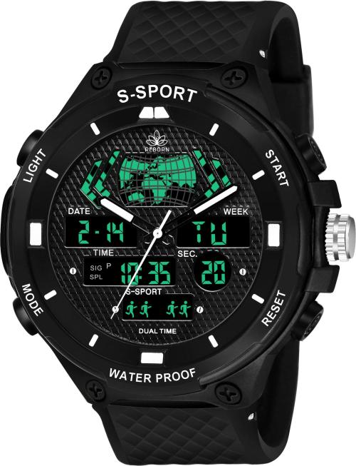 Reborn Alarm Chrono Waterproof Shockproof Outdoor Sports Analog-Digital Black Dial Black Textured Strap Watch for Men