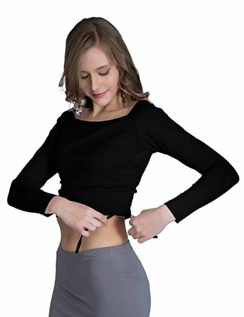 THE BLAZZE B1896 Women Cotton Wide Square Neck Full Sleeves Adjustable Drawstring Crop Tops Black Readymade Saree Blouse for Women