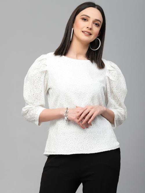 Style Quotient Women White Self Design Floral Lace Regular Smart Casual Top