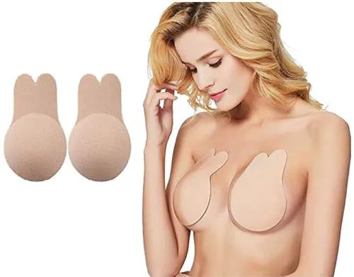 MIXCART Women Silicone Adhesive Nipple Cover Rabbit Tape Reusable Gel Bra Pack Of 2 Beige