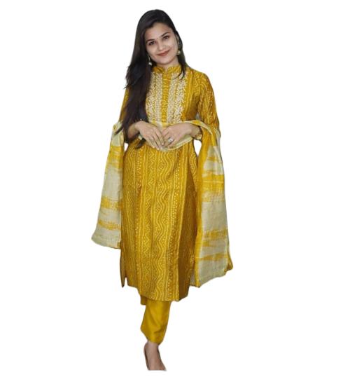 Clickedia Womens Fully Stitched Rayon Printed Straight Kurti with Gotta Patti , Laces and Cotton Dupatta with Pants Jaipuri Salwar Suit