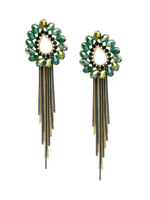 Kairangi by Yellow Chimes Brass Tear Drop Shaped Crystal Long Chain Dangler Earrings for Women and Girls - 3.94 Inches