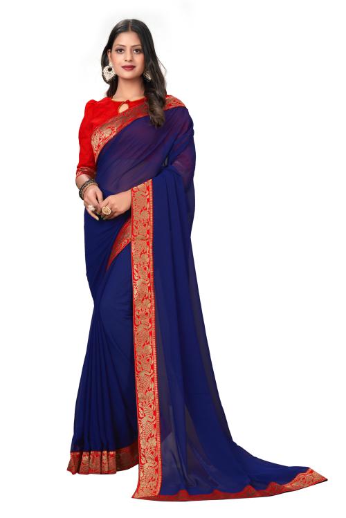 sadika women's solid plain daily wear navy blue georgette saree