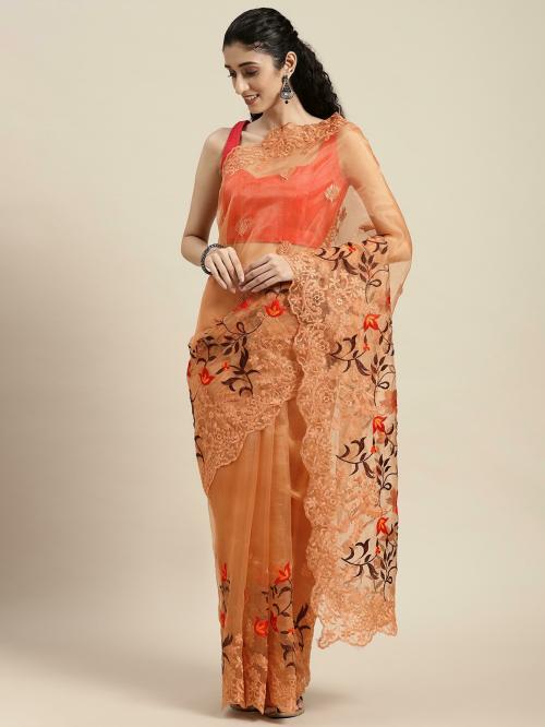 VASTRANAND Women Orange Organza Embroidered Saree