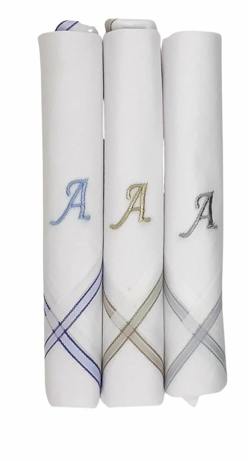 Concerto Men's Fine Cotton (White) Embroidered Initial Handkerchief (Pack of 3) (Size 48 cms * 48 cms) - A - Gifts for Husbands, Valentine, Fathers and Sons on Birthdays, Diwali and Christmas.