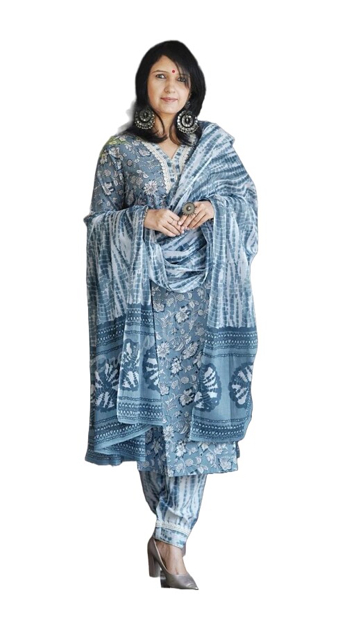 Clickedia Womens Fully Stitched Cotton Printed Straight Kurti with Crochets & Schiffily , Lace and Cotton Dupatta with Pants Jaipuri Salwar Suit